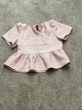Divided Soft Pink Peplum Top with Pearl Buttons